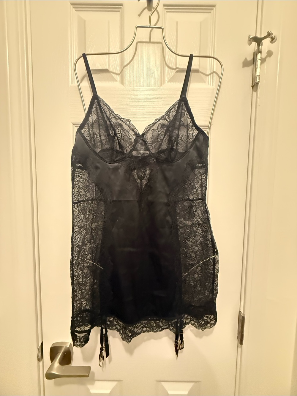 Victorias Secret Black Lace Satin Slip with Garter Straps Large